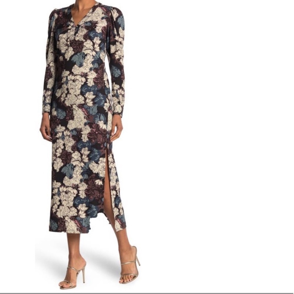 Walter Baker Kendall Floral Long Sleeve Puff Shoulder Slit Maxi Dress size xl